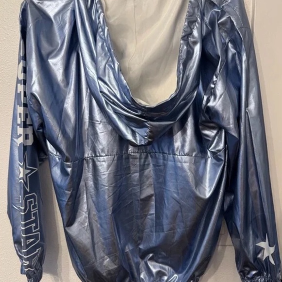 LOVE metallic Holographic light blue Windbreaker hooded Jacket XL - Picture 4 of 4